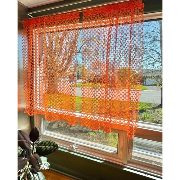 Vintage 70s orange curtains, square geometric mesh, groovy sheer, pair of panels - Picture 1 of 10